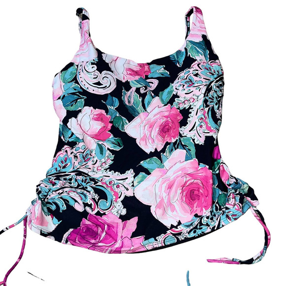 Carmen Marc Valvo Tankini floral top pink black ruched sides SZ MD padded bra - Picture 1 of 8